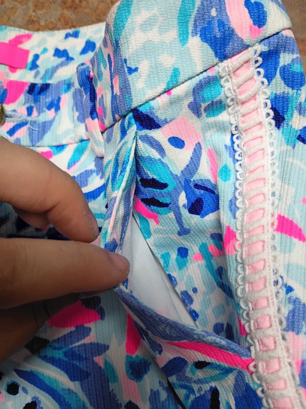 Lilly Pulitzer Light Blue, Pink & Navy Tropical Print Jean Shorts - Picture 3 of 8
